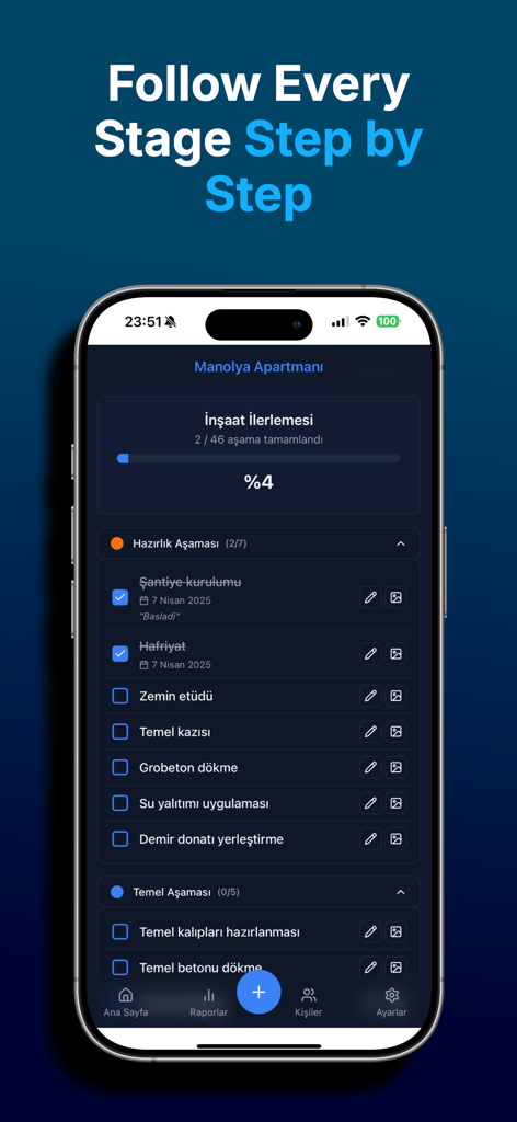 Buildfy - Buildfy mobile App-Oberfläche mit Bauprojektphasenverfolgung mit einer Aufgabenliste und Fortschrittsprozentsatz.