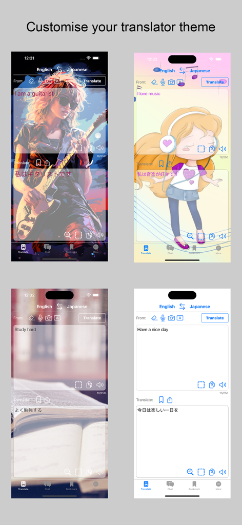 Quatro capturas de tela do iPhone demonstrando diferentes temas de fundo personalizáveis e papéis de parede no aplicativo QTranslate