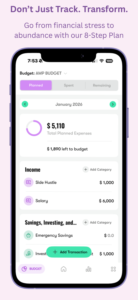Money Tracker & Budgeting App - Visão geral do orçamento mensal mostrando despesas e receitas planejadas em um aplicativo minimalista