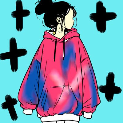 realistic girl with a oversized sweatshirt on and a bun