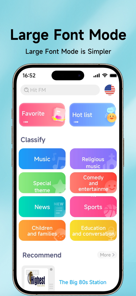 Radio App - FM Radio Stations - Die GO FM Radio App-Oberfläche zeigt den Modus für große Schriftarten mit Senderkategorien wie Musik, Nachrichten und Sport an