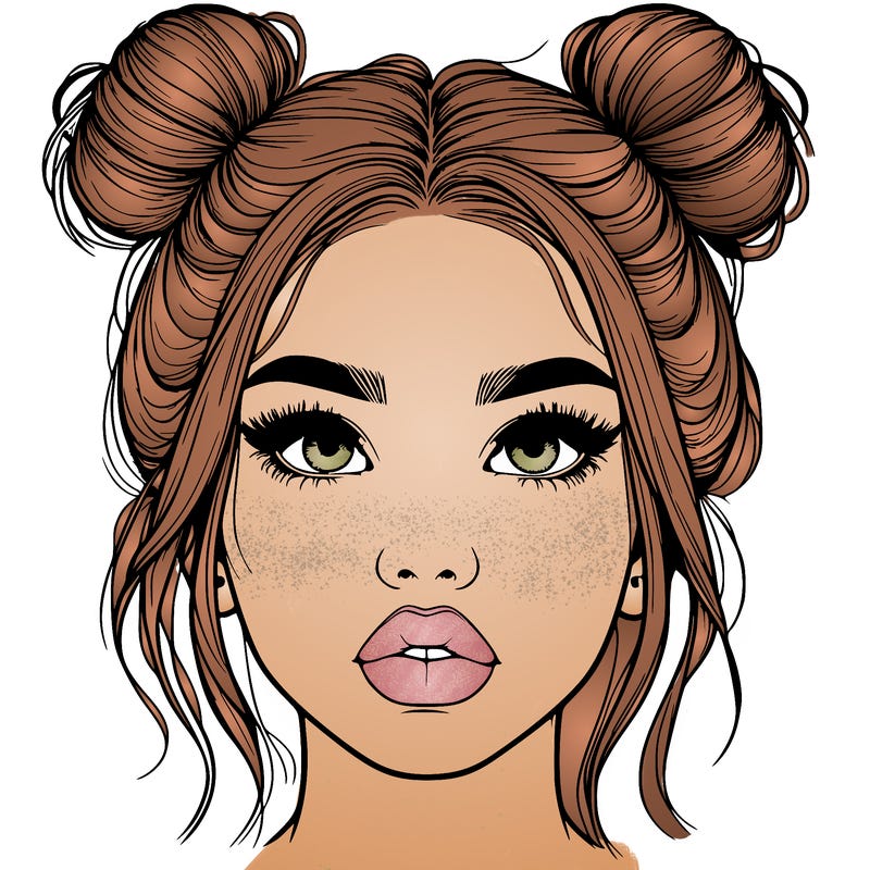 realistic girl with two buns on her hair and lips