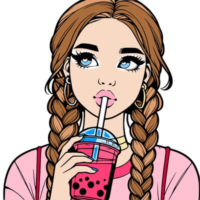 realistic girl with braided hair drinking boba