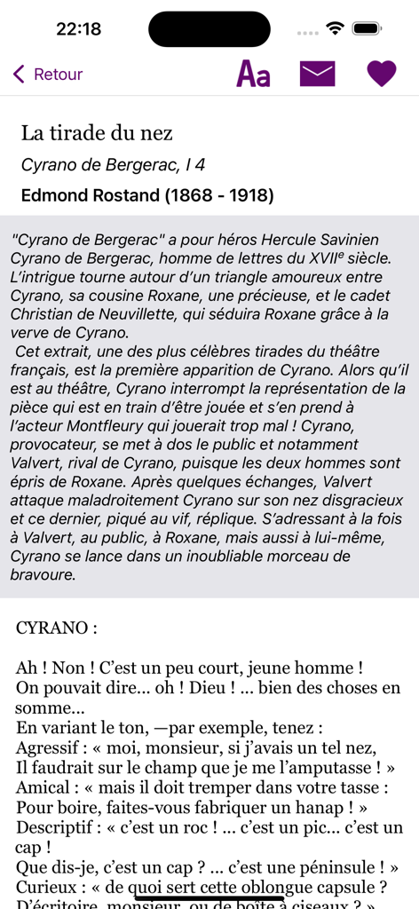 Un Texte Un Jour - Extracto literario diario de Cyrano de Bergerac en la aplicación Un Texte Un Jour