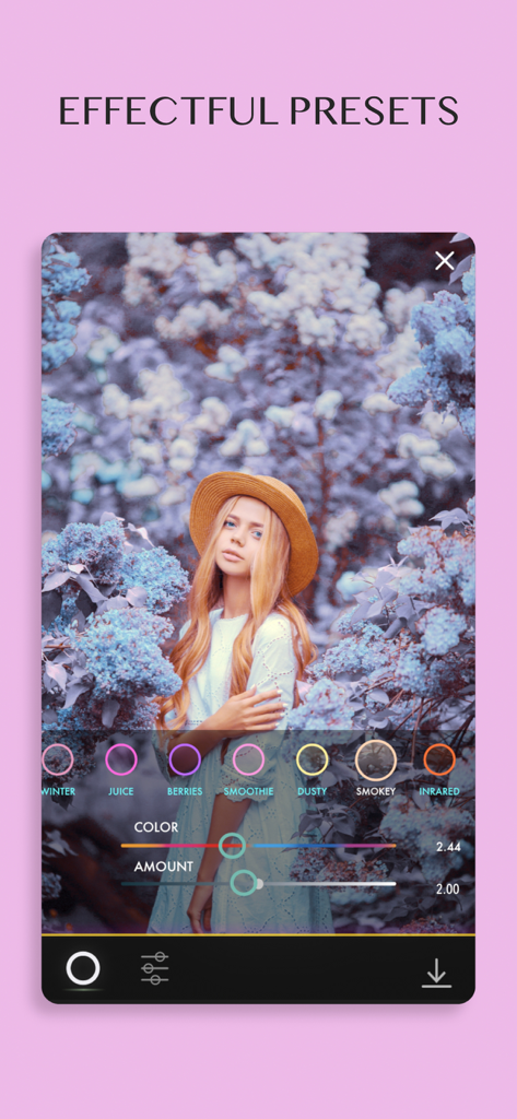 Full Spectrum Camera - Una captura de pantalla de la interfaz de la app Cámara de Espectro Completo mostrando a una mujer frente a vegetación morada con varias opciones de preajustes de fotos estéticas como Bayas e Infrarrojo.