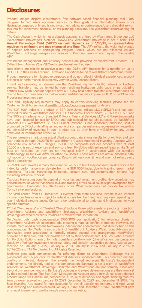 Wealthfront app disclosures and legal terms screen text
