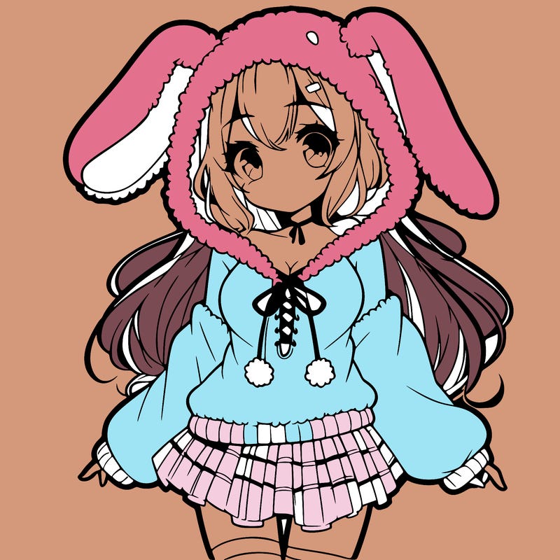 pretty anime girl wearing a fluffy hoodie with bunny ears on the hood and a skirt
