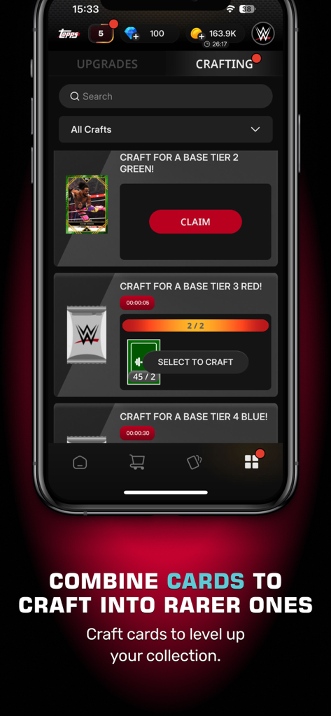 Mobile app screen of WWE SLAM by Topps showing the crafting interface where users can combine cards to earn rarer tier collectibles.