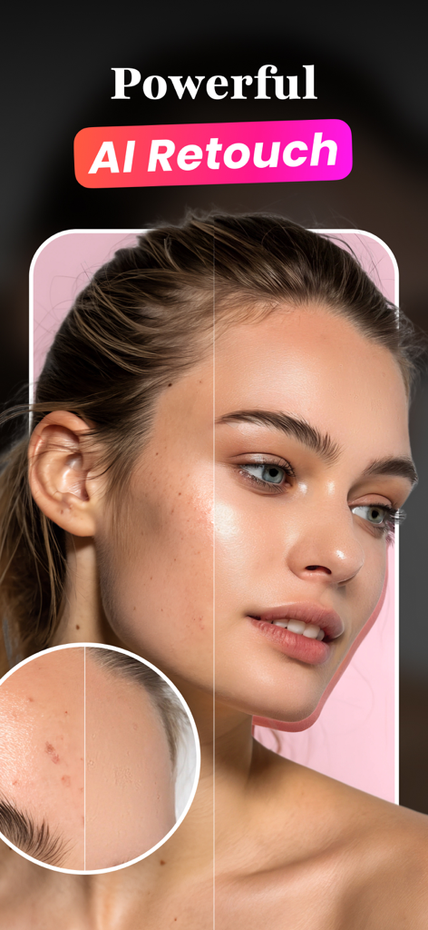 Comparación de antes y después de la mejora y suavizado de piel con IA en la aplicación Astify.