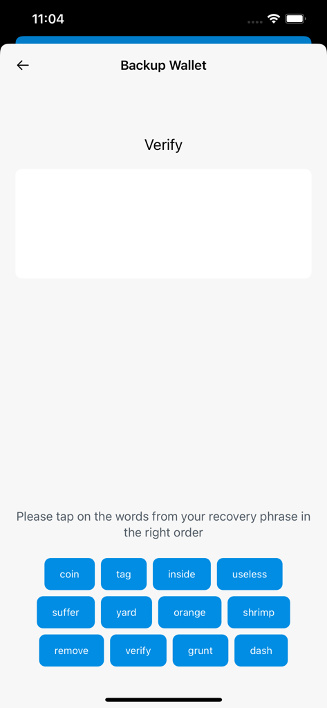 Interface de verificação da frase de recuperação de backup do Dash Wallet