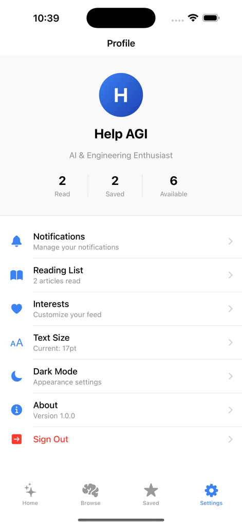 사용자 읽기 통계 및 앱 사용자 정의 옵션을 보여주는 HelpAGI 앱의 프로필 및 설정 화면.