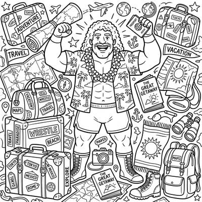 Embark on a vibrant coloring journey with this exciting design featuring a muscular wrestler enjoying a well-deserved vacation. Surrounded by all his travel essentials, this page promises hours of creative fun for adventurers of all ages.