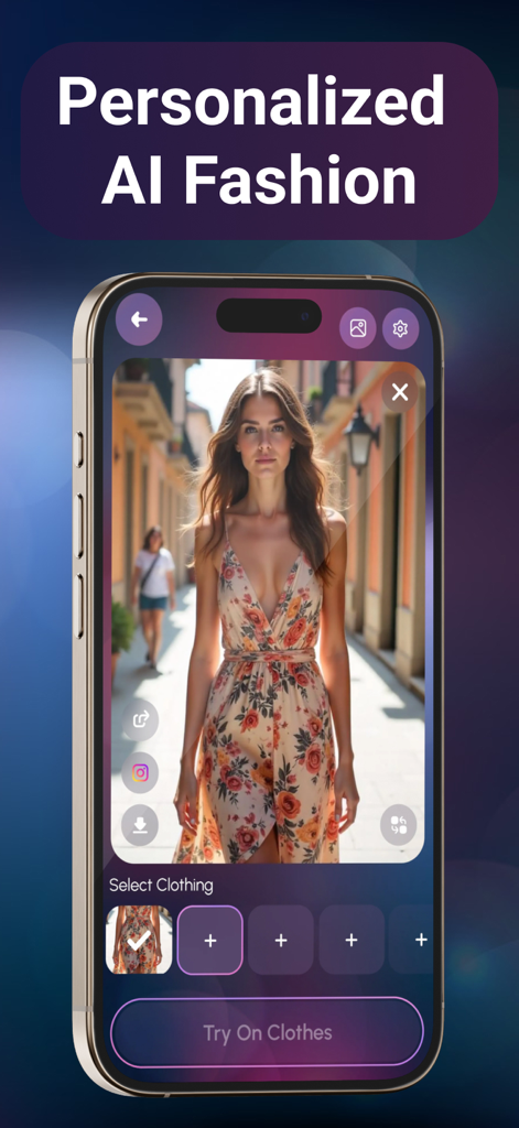 Try On AI - Try Clothes Via AI - Uma mulher experimentando virtualmente um vestido floral usando a interface do aplicativo Try On AI em um iPhone.