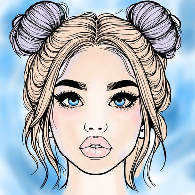 realistic girl with two buns on her hair and lips