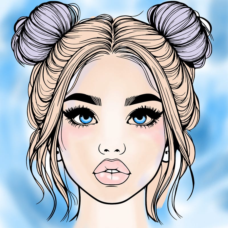 realistic girl with two buns on her hair and lips