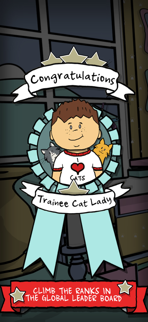 Cat Lady - The Card Game - 見習い猫レディの達成リボンをつけた漫画の少年と、グローバルリーダーボードを登るように促すメッセージ。