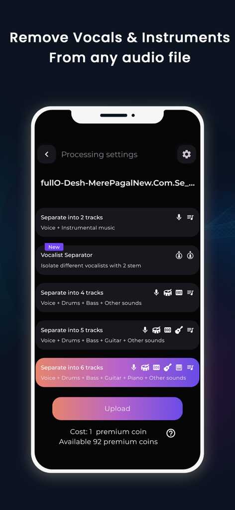 unMix - AI Vocal Remover - Interfaz de la aplicación unMix mostrando opciones para separar audio en múltiples pistas instrumentales y vocales.
