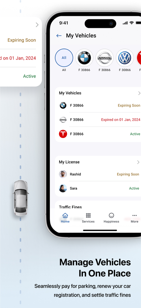 Die Oberfläche der DubaiNow Mobile App zeigt das Dashboard 'Meine Fahrzeuge' zur Verwaltung des Status der Kfz-Zulassung und von Verkehrsstrafen