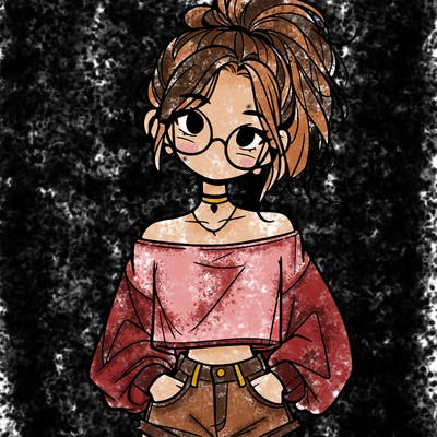 girl with a messy ponytail glasses a baggy crop top and jean shorts