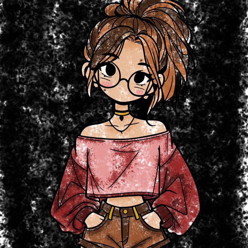 girl with a messy ponytail glasses a baggy crop top and jean shorts