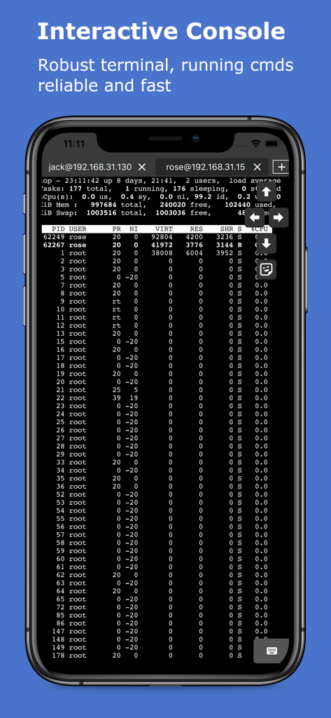 Interactive SSH terminal showing server processes on a mobile device