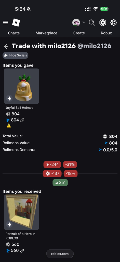 RoQoL - RoQoL app extension showing a Roblox trade with detailed Rolimons value and demand analytics.