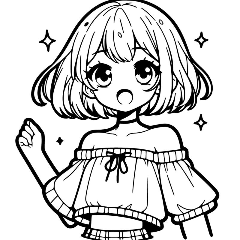 cute anime girl with cute crop top off shoulder shirt with bold outline and no small details