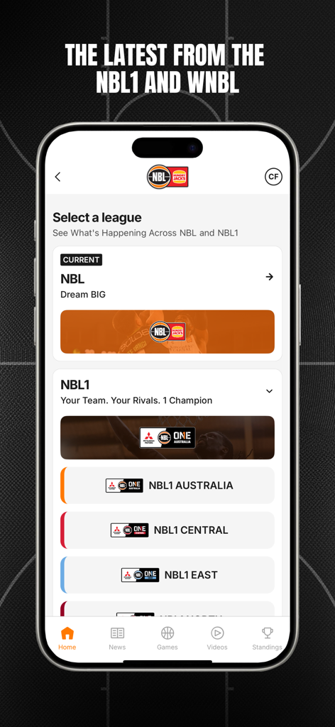 A mobile screen from the NBL app displaying the league selection menu for NBL and various NBL1 regional divisions
