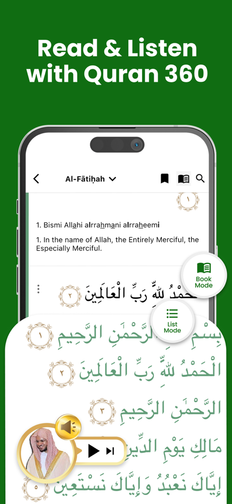 Quran 360: AlQuran English - Quran 360 mobile app interface showing Quranic text with English translation and audio recitation features