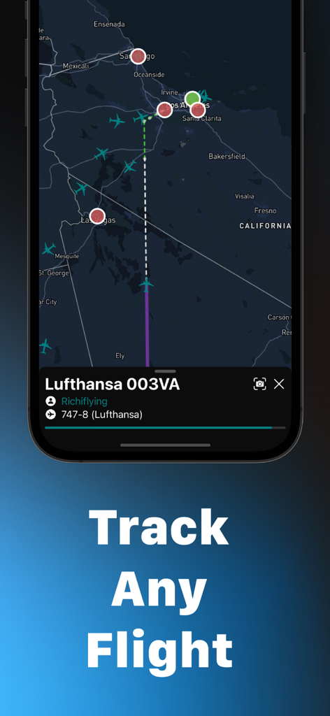 InfiniteInfo - A map interface in the InfiniteInfo app showing live flight tracking for a Lufthansa 747-8 over California