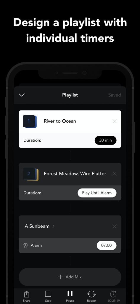 Sound Machine - White Noise - Schermata dell'app Sound Machine per la creazione di una playlist musicale funzionale con timer e allarmi individuali