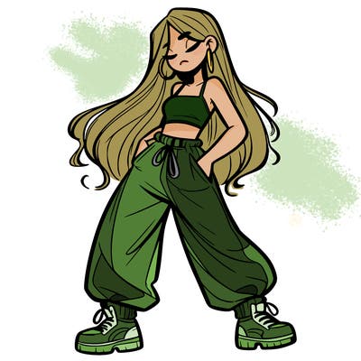girl in baggy pants crop top and long hair