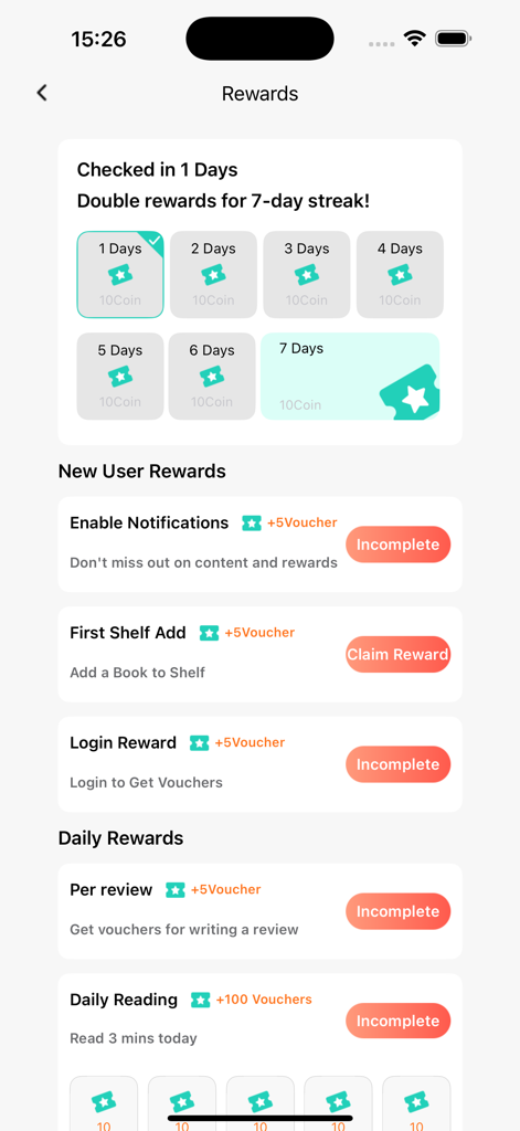 WeyonNovel - Interfaccia dell'app WeyonNovel che mostra premi per il check-in giornaliero e attività utente per voucher