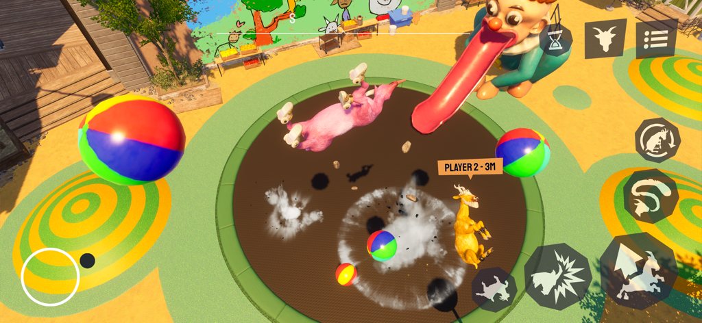 A pink goat on roller skates and a yellow goat bouncing on a trampoline with beach balls near a giant clown slide.