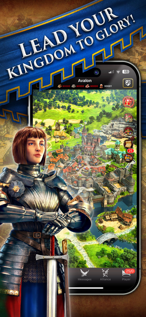 Lords & Knights - Mobile Kings - Medieval knight in armor next to a phone showing a castle kingdom game