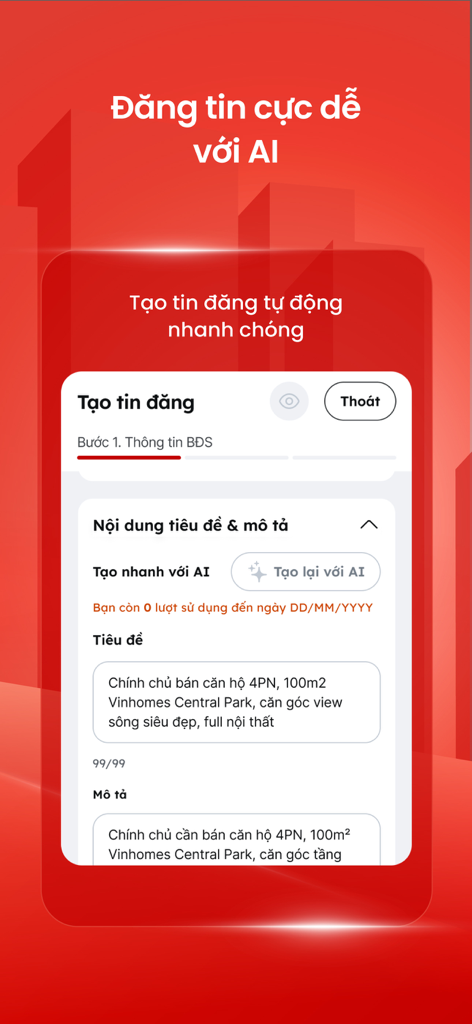 Batdongsan app screen showing AI assisted property listing creation for real estate