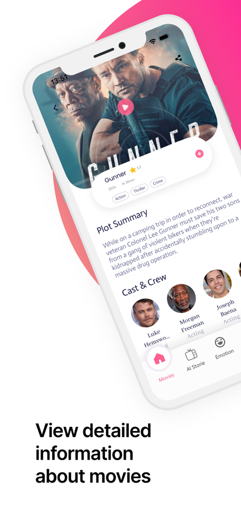 Moto Auction : Movies & Series - Pantalla de información detallada de la película mostrando la trama, el elenco y el equipo de la película Gunner