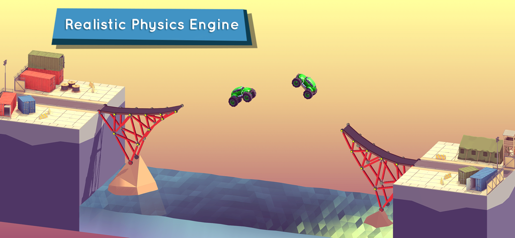 Bad Bridge - Dos monster trucks verdes saltando sobre una estructura de puente rota y roja en el juego móvil Bad Bridge, mostrando su motor de física realista