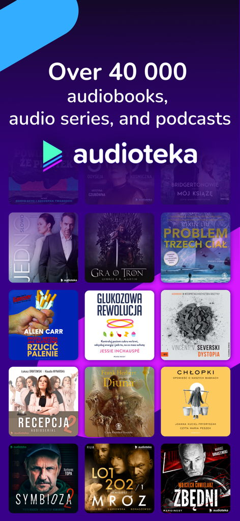 Audioteka app screen displaying a large library of over 40000 audiobooks and podcasts with diverse cover art.