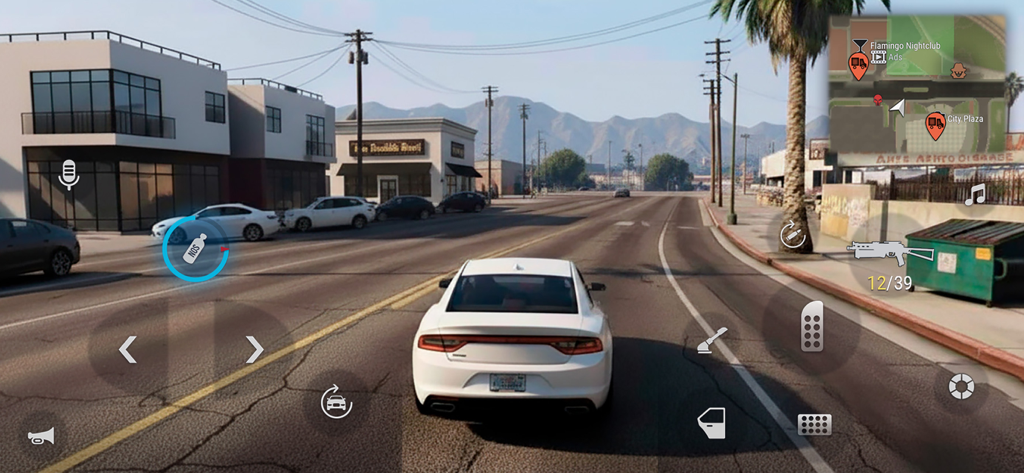 Visão de jogabilidade em terceira pessoa de um carro branco dirigindo em um ambiente urbano no MadOut 2