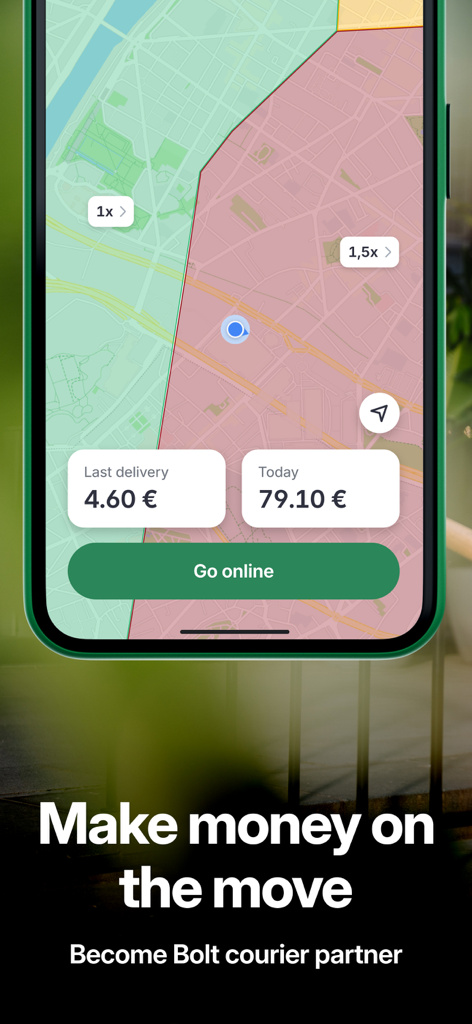 Bolt Food Courier - Bolt Food Courierアプリのインターフェース。価格ゾーンと毎日の収入が表示された地図を表示しています