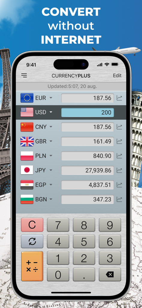 Currency Converter Plus Live - Currency Converter Plus mobile app interface showing multiple world currency conversions and an offline usage message.