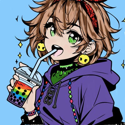 hot baddie anime girl drinking boba and biting the straw