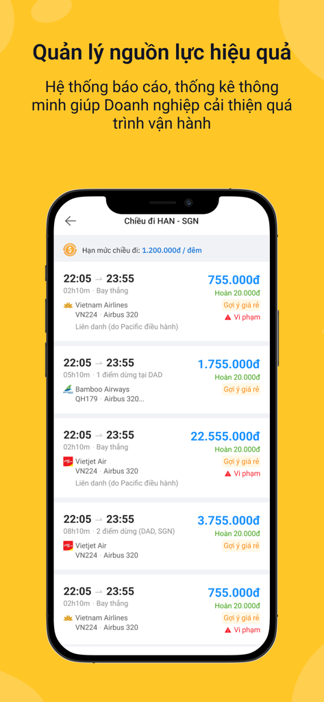 Vntrip TMS mobile app interface showing flight options and corporate travel limits for business trips.