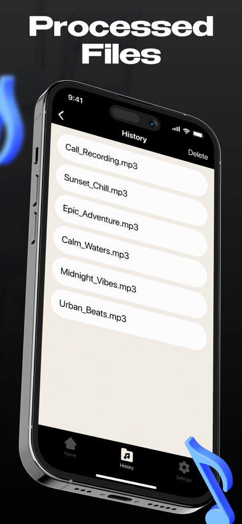 Uma lista de arquivos mp3 processados mostrados na tela de histórico do aplicativo Removedor Vocal IA