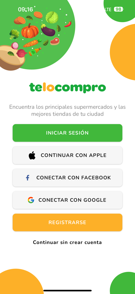 TeLoCompro - Welcome screen of TeLoCompro app showing login and registration options