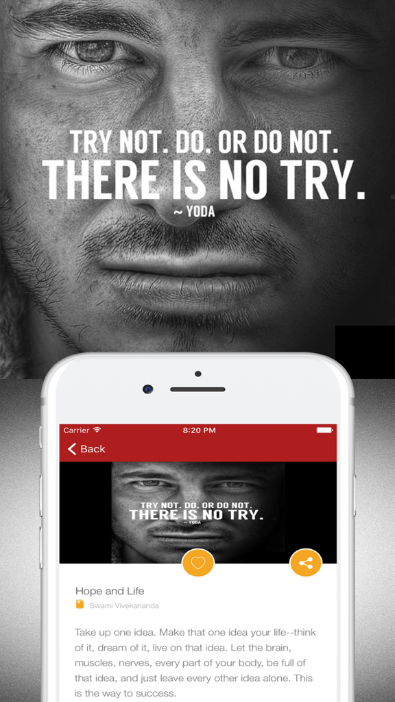 Inspirational & Motivational Quotes For Motivation - Motivational quotes app interface featuring a famous Yoda quote and a section on hope and life