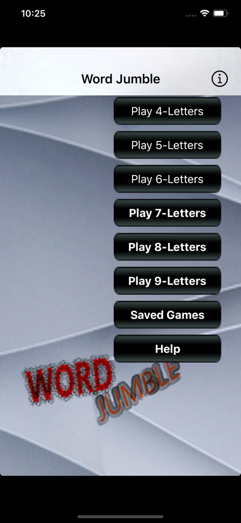 Main menu of Word Jumble Advanced showing word length levels