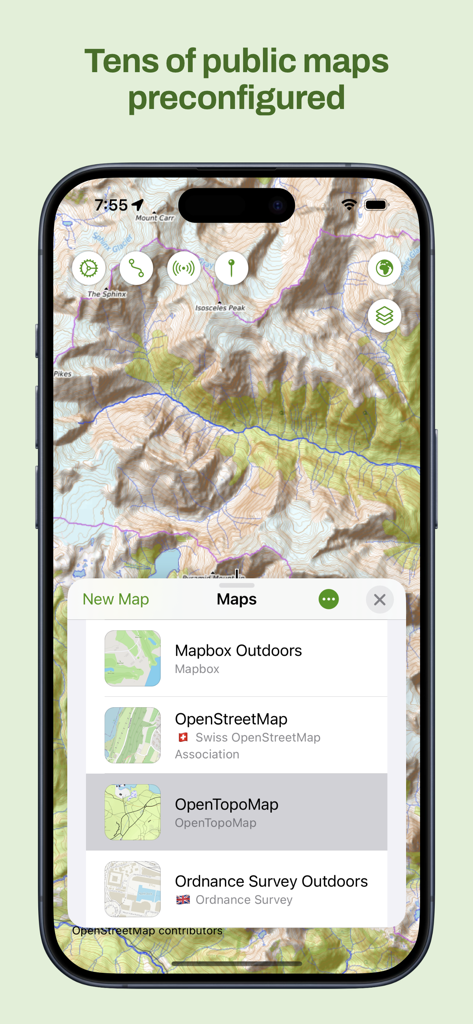 Maptrails - iPhone screenshot of Maptrails app showing a topographic map and a list of preconfigured public maps like OpenTopoMap