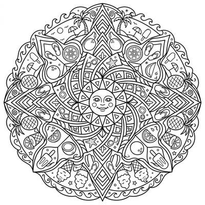 Embrace the warmth of the season with this beautifully intricate summer mandala. Filled with delightful beach and fruit elements, it's perfect for a relaxing coloring escape.